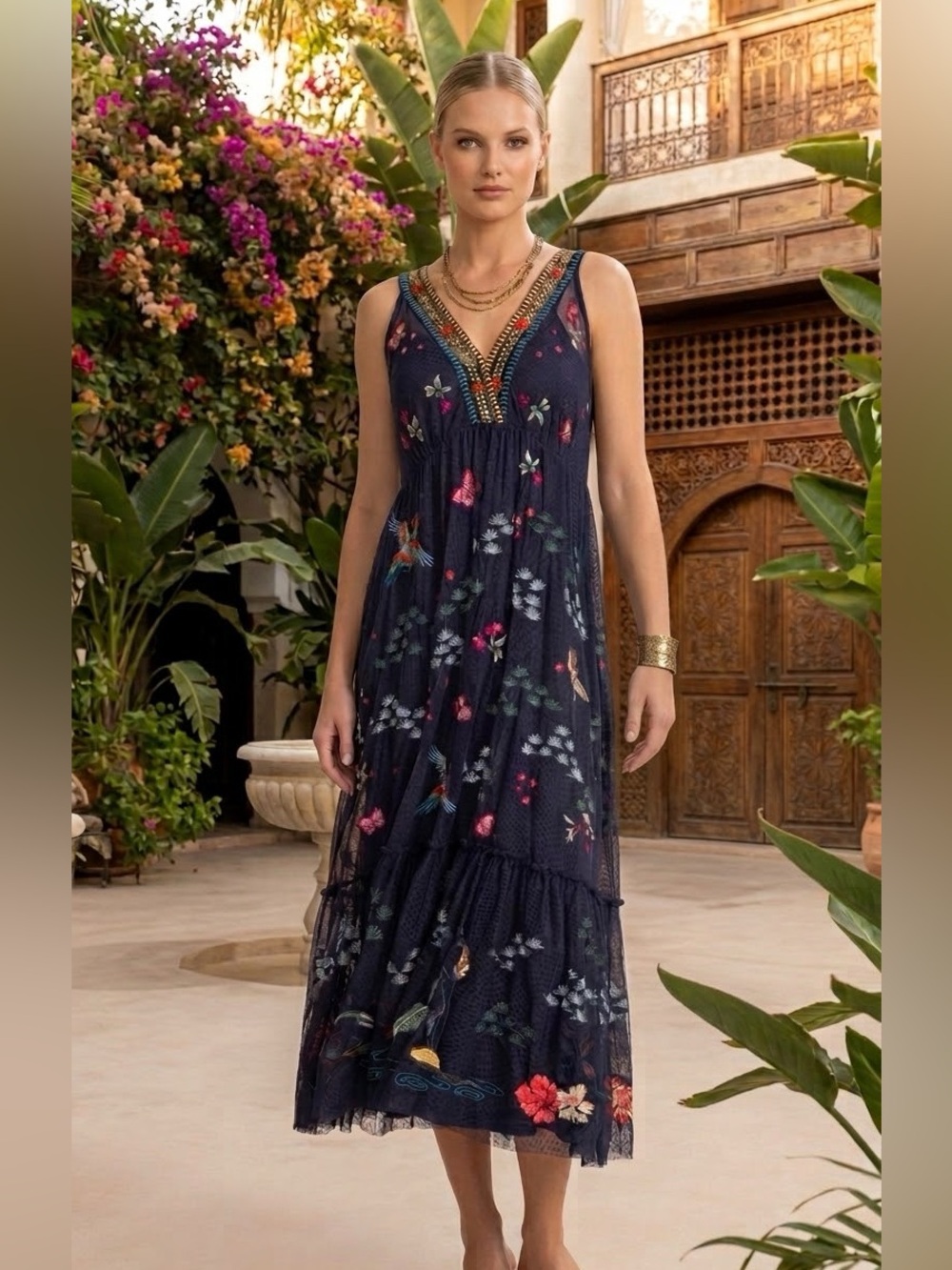 Johnny Was Navy Zinoviah Mesh Embroidered Tiered Midi Dress Size small